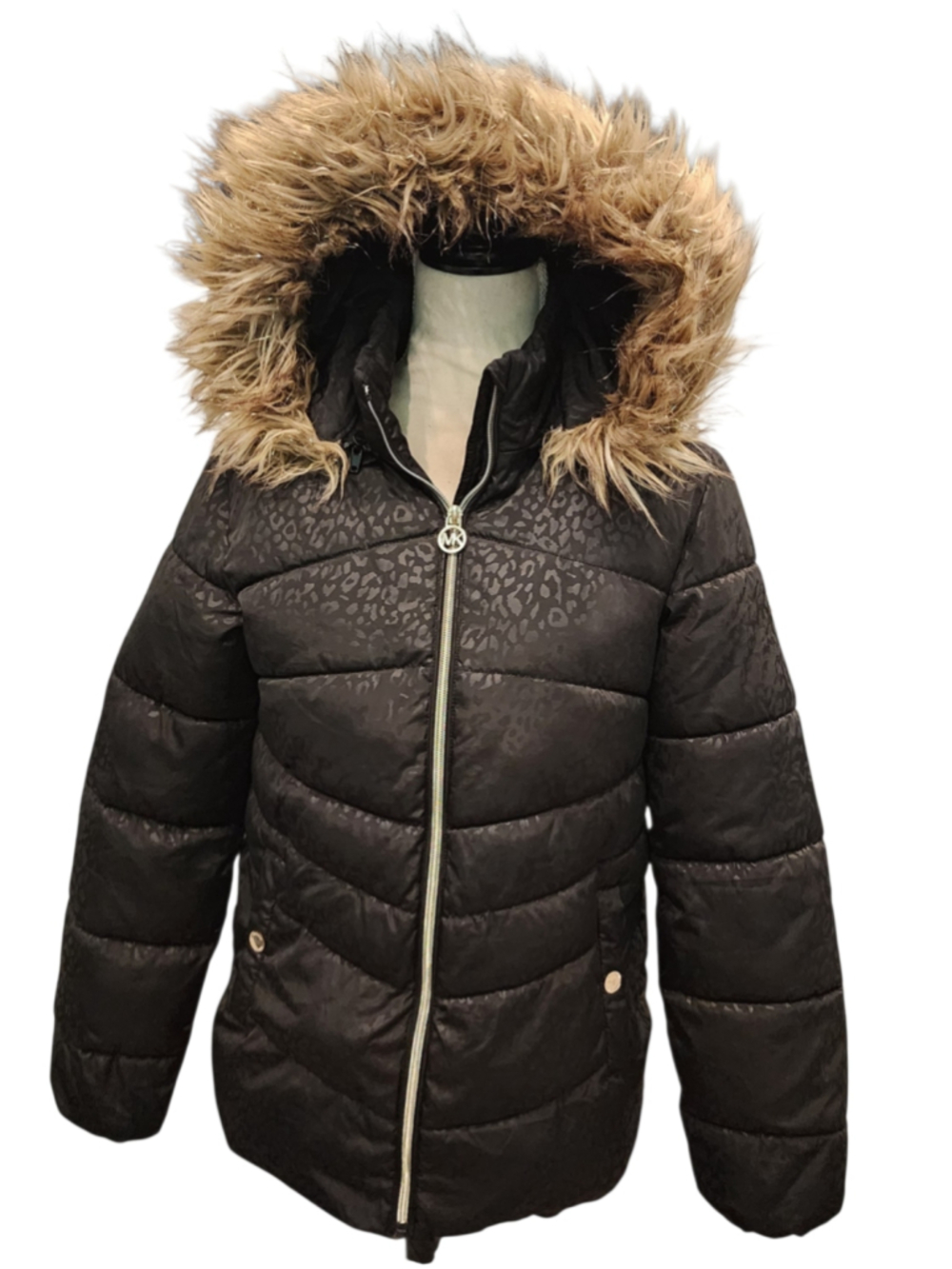 Michael Kors Girls Leopard Print Puffer Jacket Youth Size 16 Faux Fur Hood Black